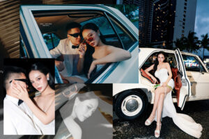 Chụp ảnh cưới ngoại cảnh phong cách street vintage giữa phố đêm cùng Hoa Nghiêm Bridal, kết hợp xe cổ, ánh đèn đô thị và cảm xúc tự nhiên tạo nên bộ ảnh cinematic đầy cuốn hút
