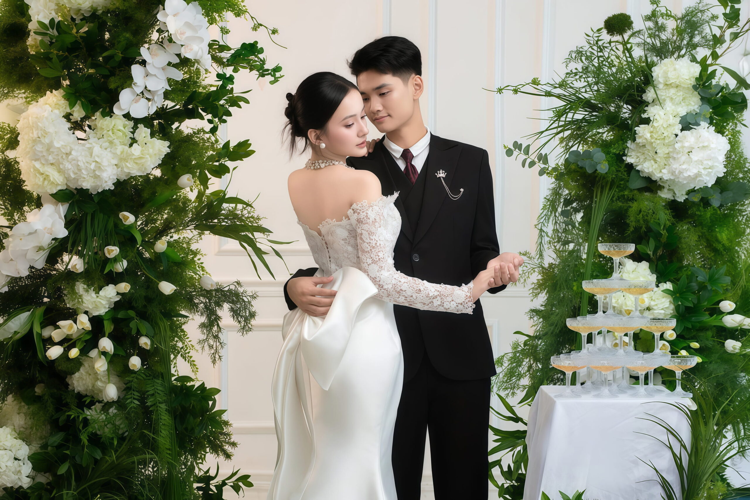 Chụp ảnh cưới Studio sắc xanh thanh lịch trong không gian sang trọng với khoảnh khắc ôm nhau nhẹ nhàng tại Hoa Nghiêm Bridal