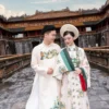 Cổ phục cưới cao cấp phong cách cung đình Huế - Nhật Bình hồng nhạt & Ngũ Thân trắng ngà