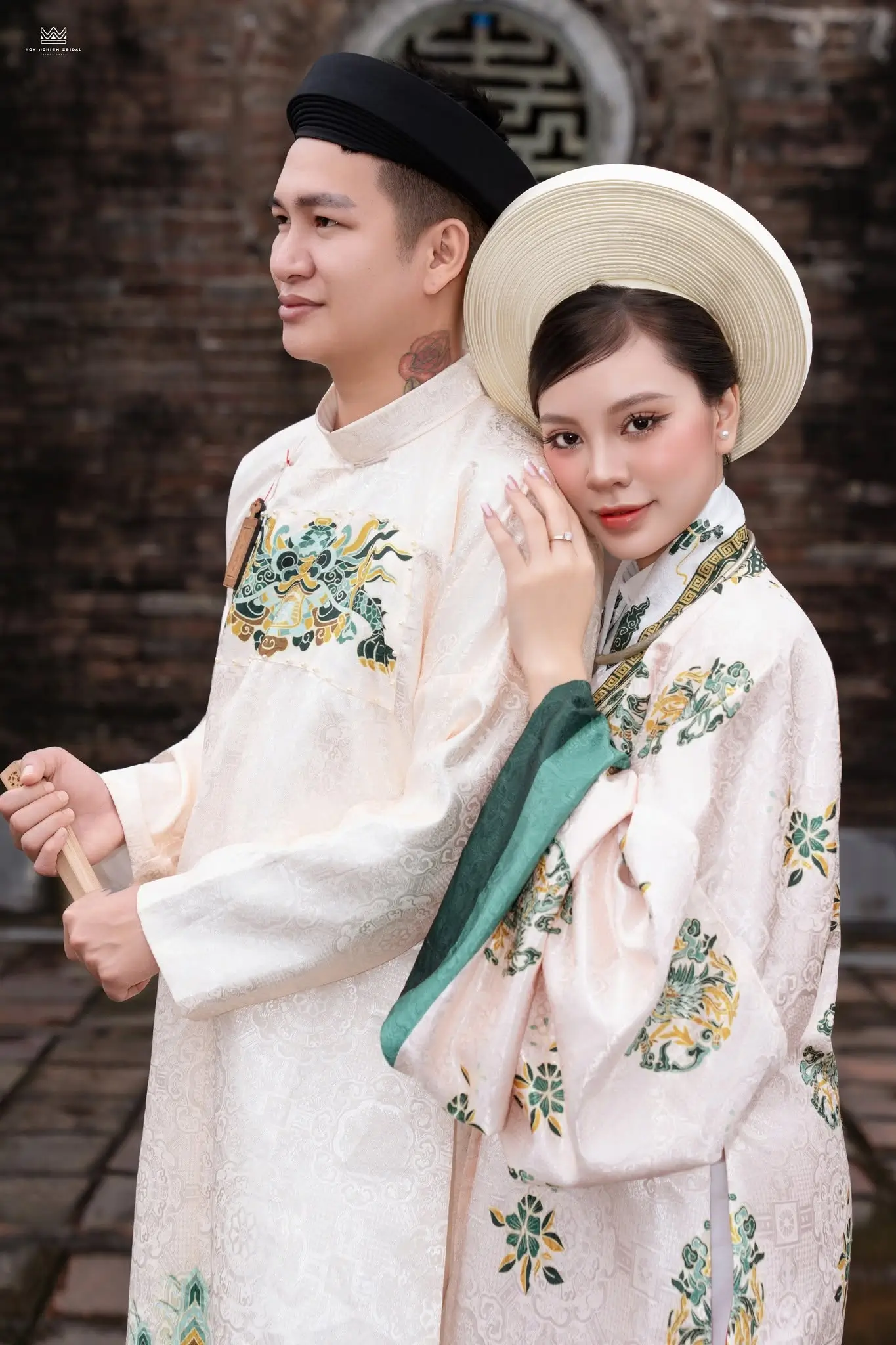Cổ phục cưới cao cấp phong cách cung đình Huế - Nhật Bình hồng nhạt & Ngũ Thân trắng ngà - Ảnh 9