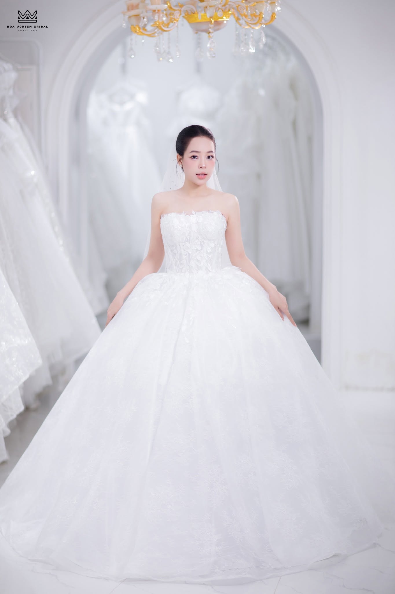 Váy cưới Ball Gown cúp ngực ngang đắp ren hoa 3D nổi bồng xòe - Ảnh 3