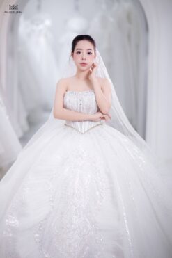 Váy cưới công chúa cúp ngực corset đính đá đai ngọc trai lộng lẫy