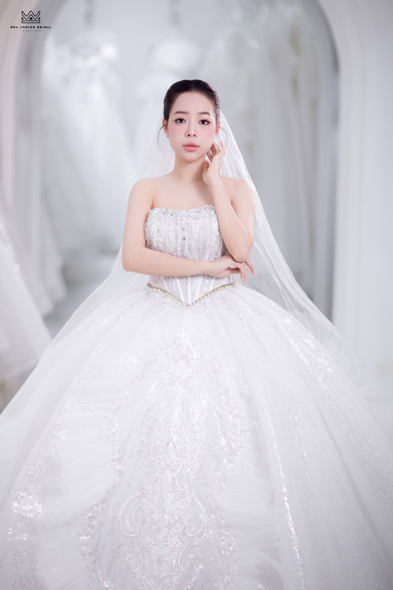 Váy cưới công chúa cúp ngực corset đính đá đai ngọc trai lộng lẫy
