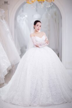 Váy cưới công chúa cúp ngực trái tim trễ vai phối tay full ren hoa dài bồng xòe