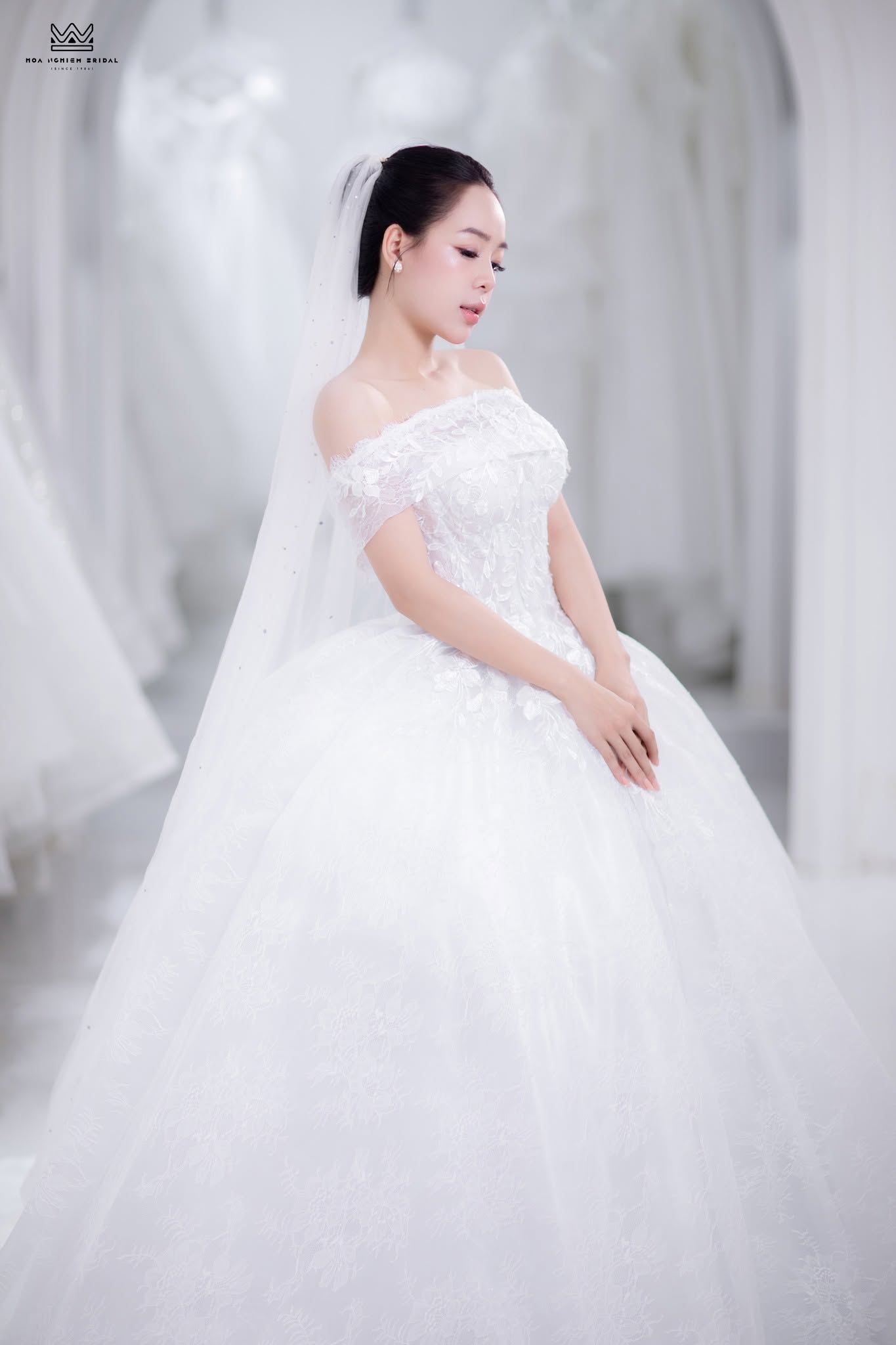 Váy cưới công chúa trễ vai ren hoa 3D nổi bồng xòe lộng lẫy